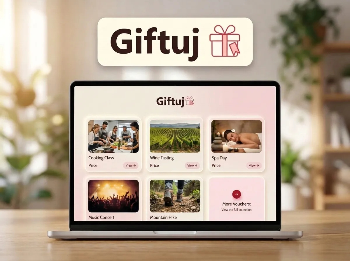 The Giftuj storefront on a laptop, showing a grid of experience vouchers for a cooking class, wine tasting, spa day and more.