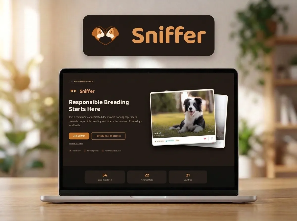 The Sniffer landing page on a laptop, headlined Responsible Breeding Starts Here, with a dog profile card and registration stats.